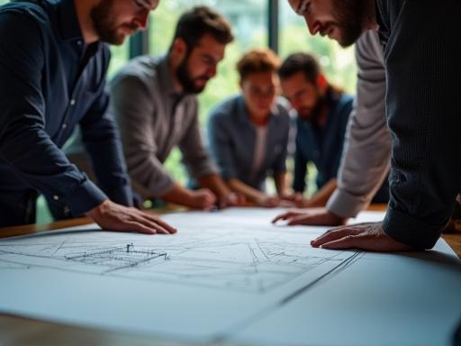 Équipe Bâtiment Vérité réunie autour d’une table de plans
