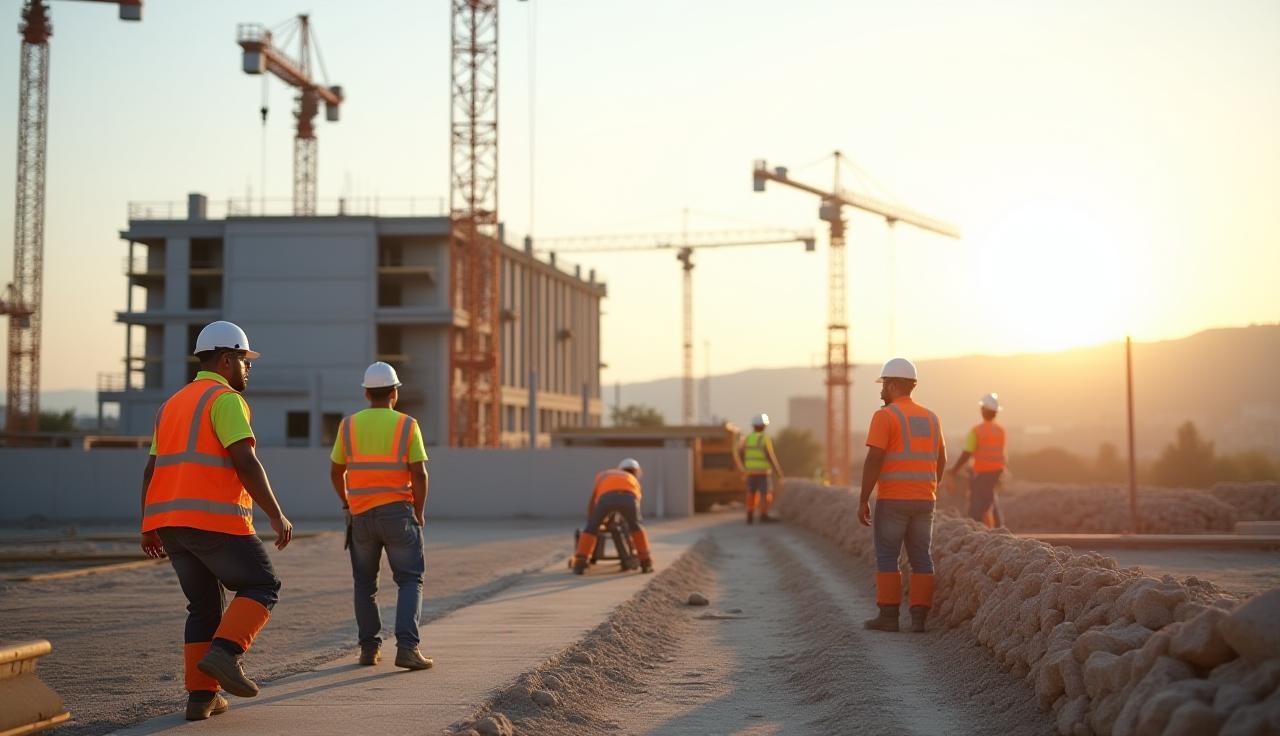 Travaux de construction moderne à Lyon, équipe sur chantier
